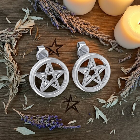 Pentagram Pentacle Sterling Silver Stud Earrings - Picture 1 of 3